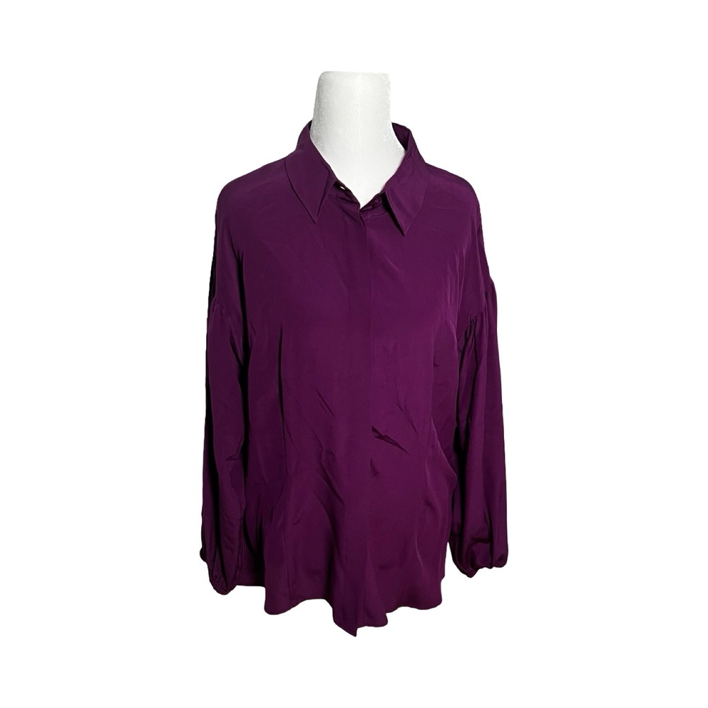 Escada Nequs Purple Calla 100%‎ Silk Puff Sleeve Hidden Button Blouse 12